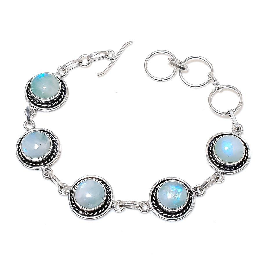 Rainbow Moonstone Gemstone Handmade 925 Srerling Silver Bracelet 7-8"