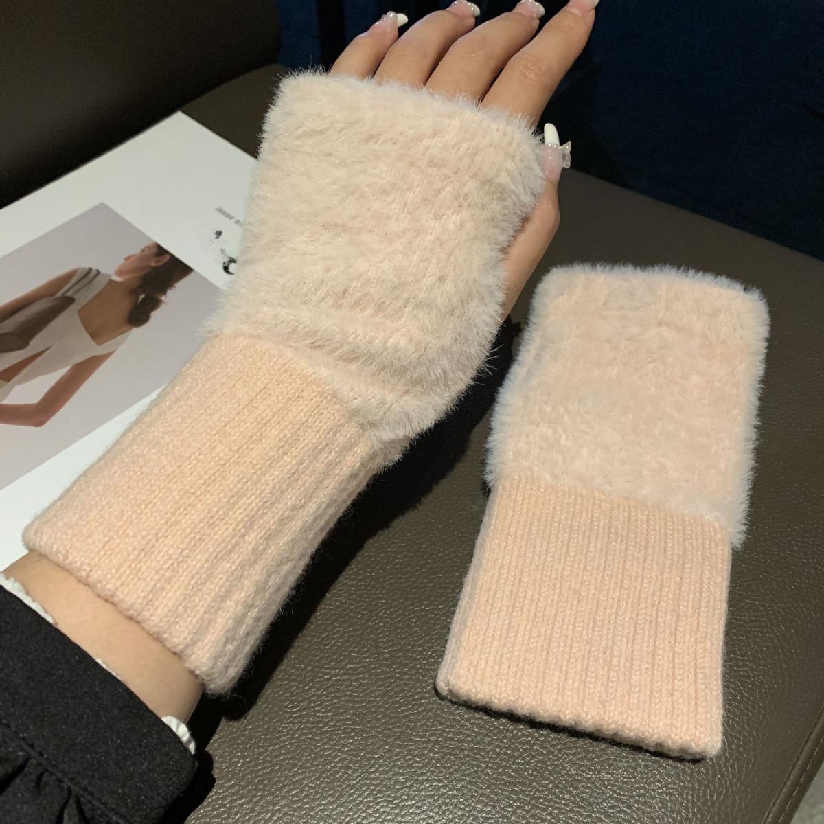 

Женские удобные перчатки без пальцев - Мягкие, теплые и модные зимние перчатки чистого белого цвета, для холодной погоды или повседневной носки, женские перчатки розовый