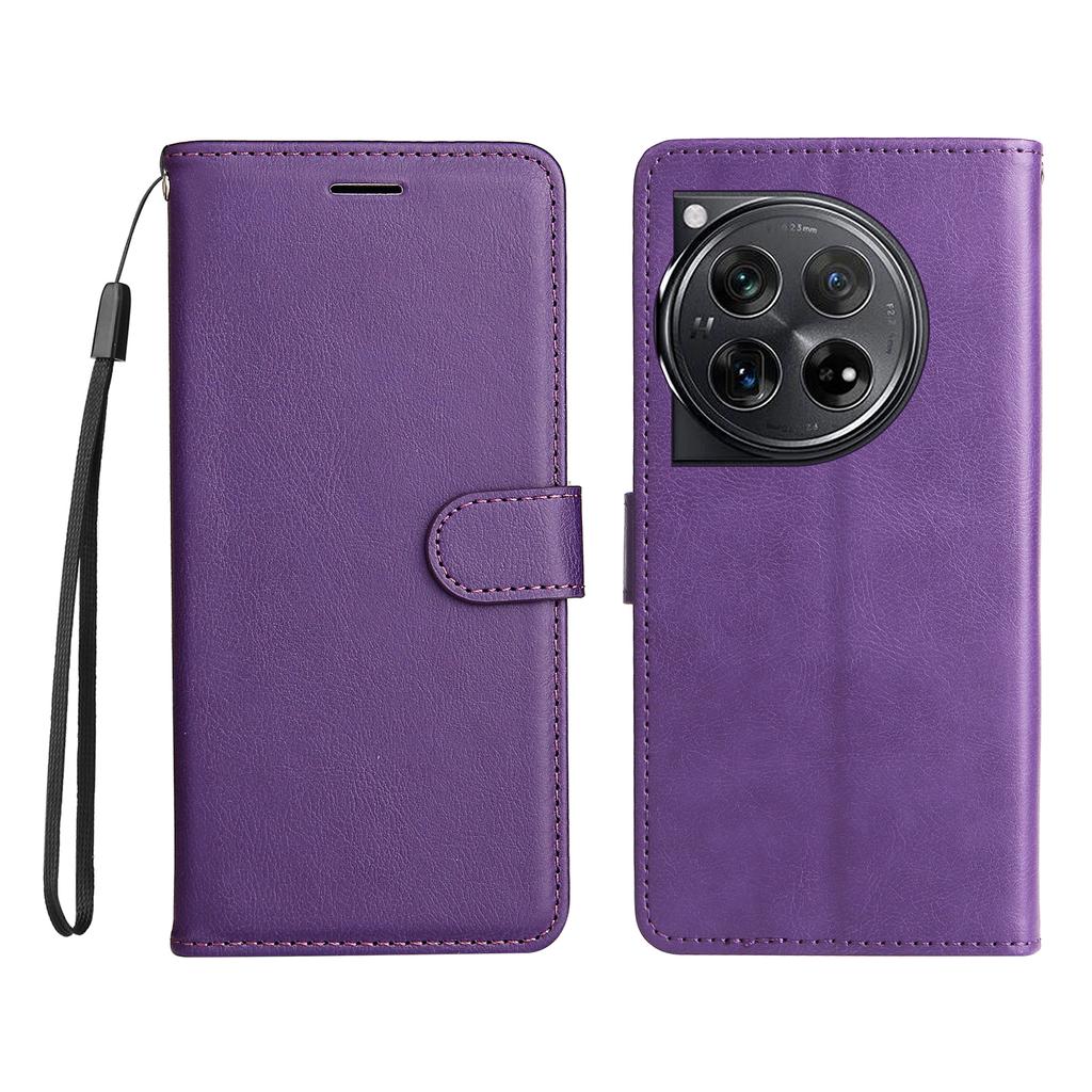 For OnePlus 12 5G Leather Wallet Case with Strap Solid Color Phone Stand Cover