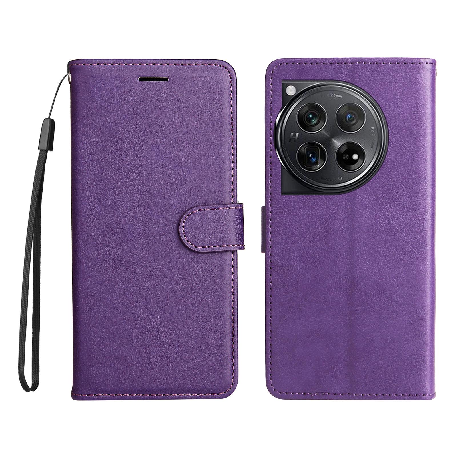 

For OnePlus 12 5G Leather Wallet Case with Strap Solid Color Phone Stand Cover Purple