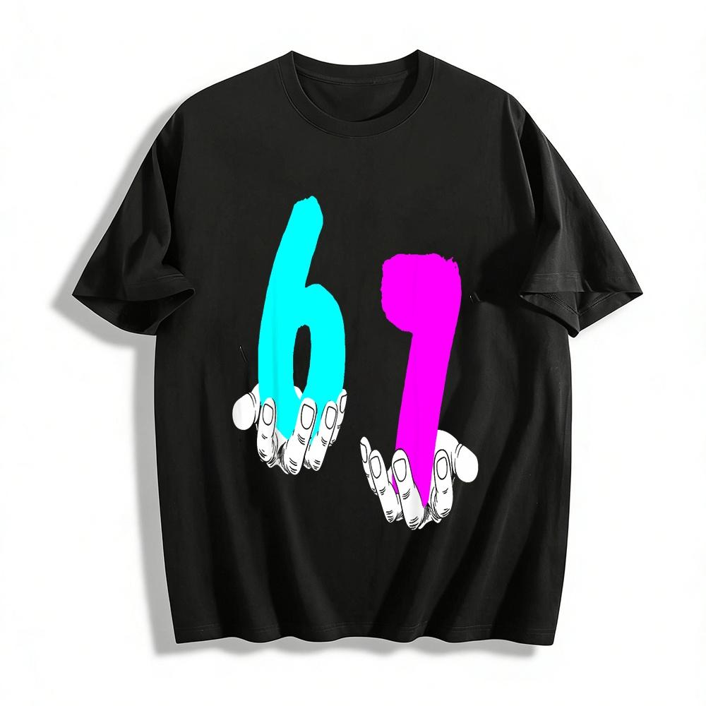 

Trendy Contrast Color Number 67 Print Casual Loose Short Sleeve T-Shirt Pure cotton T-shirt XXS
