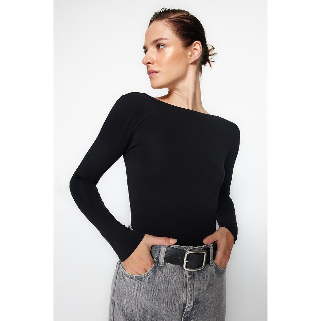 Blusa justa de algodão preto elástico sem costas Twoaw24bz00160