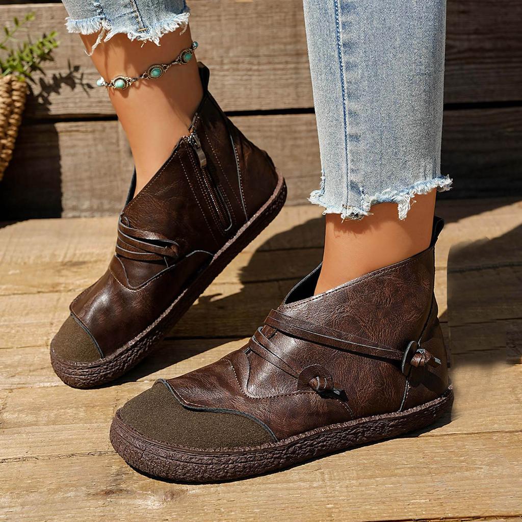 Women Ankle Boots Spring Autumn Sewing PU Zipper Flat With Modern Boots Vintage Patchwork Street Style Outdoor Women Shoes