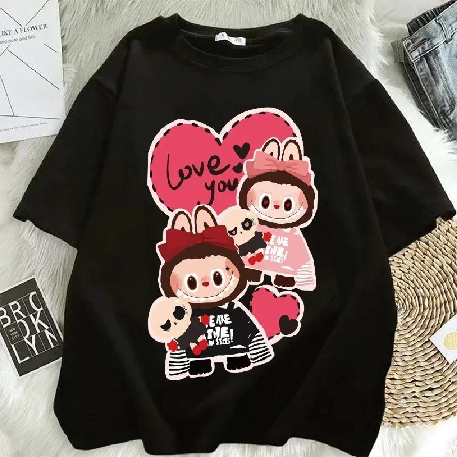 Cartoon Short Sleeve's Street Trend Hip Hop Clothing Pop-Mart Labubu Fashion T-Shirt Women Anime