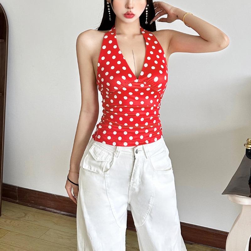 New Polka Dots Halter Neck Tank Tops Women Sexy Low-Neck Vest Slim Fit Off Shoulders Backless Short Tops Street Fashion Sexy Ruched Elegant Outfits