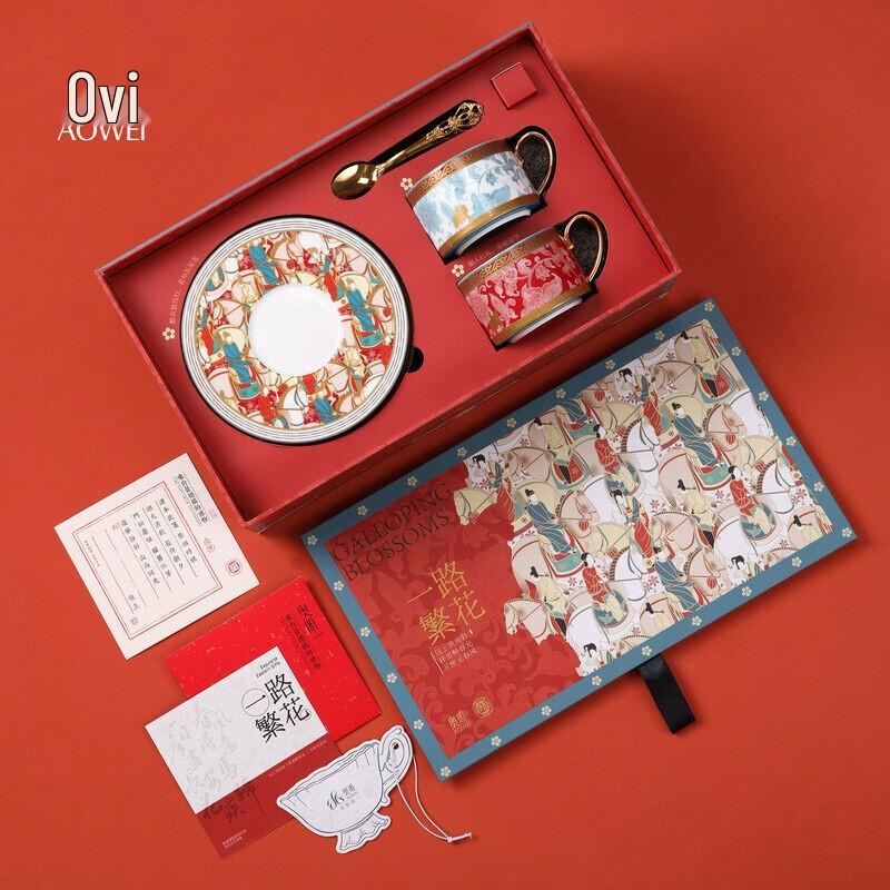 Jingdezhen  Blooming Flowers  Ceramic Coffee Cup & Saucer Couple Gift Set