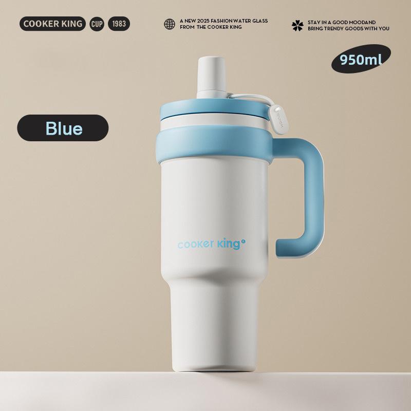 COOKER KING 950ml Stainless Steel Insulated Cup Straw Thermos Cup Large Capacity Travel Car Coffee Mug for Hot or Cold Drinks