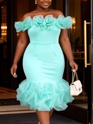 Abito Elegante da Donna Taglie Forti con Dettaglio Floreale 3D in Organza, Scollo a Barca, Bodycon, per Festa Cocktail, Ospite Matrimonio