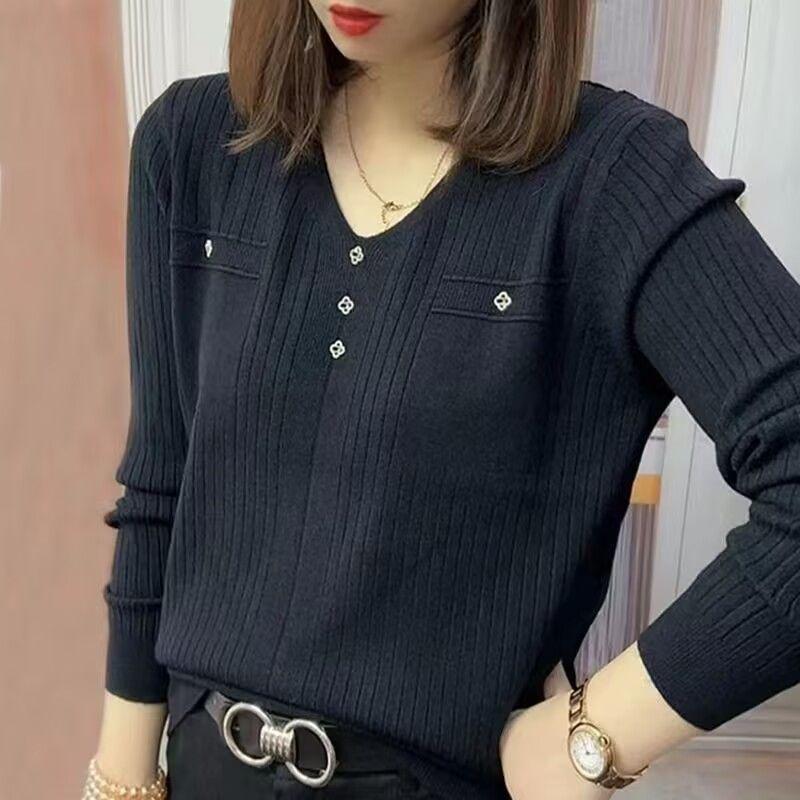 Women's Autumn Fashion Knitted Long Sleeve Sweater - Korean Style Loose Slimming Blouse