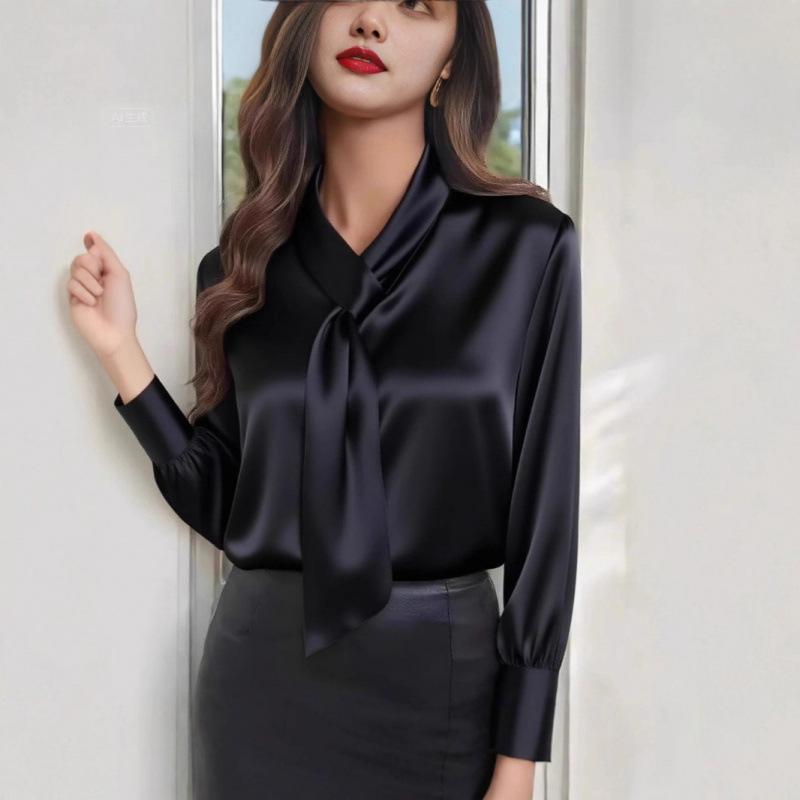 Women's Satin Tie Neck Blouse Long Sleeve Solid Color Office Business Casual Top