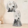 Women Plus Size Printed Two Piece Skirt Set Round Neck Batwing Sleeve Ruffle Hem Top Fishtail Skirt Black Grey Gold