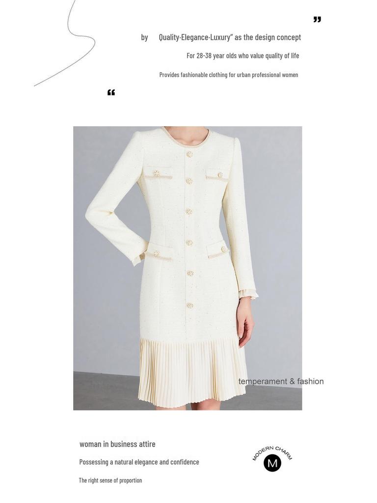 Beiges Kleid im französischen Stil mit Plisseefalten und langen Ärmeln für Damen - 2025 Elegantes, schlankmachendes Design