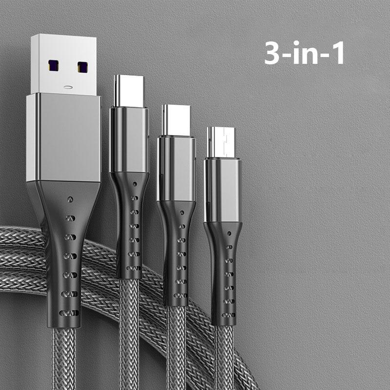 

Сверхбыстрая зарядка 6А, одно перетаскивание, три, подходит для Android TYPE-C Apple, тканый кабель для передачи данных «три в одном» серебряный