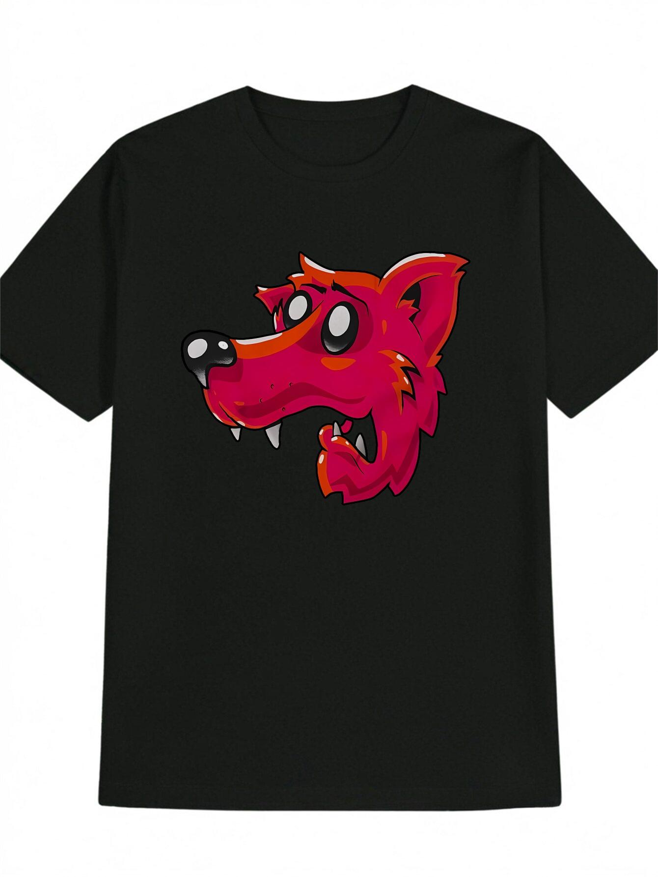 Red Fox Head Graphic T-shirt - Black Casual Crew Neck Tee with Cartoon Fox Design L