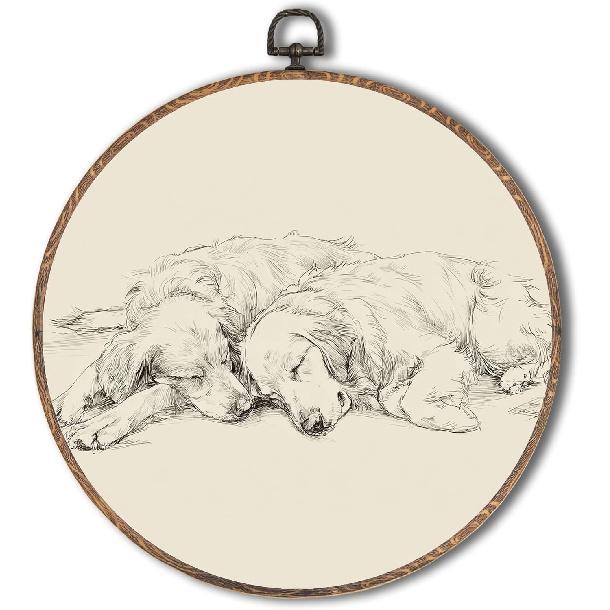 Yorhifa Neutral Golden Retriever Dog Framed Wall Art, Golden Retriever Gifts Round Wall Art, Dog Mom Lovers Gifts Round Walls Decor, Vintage Sketch