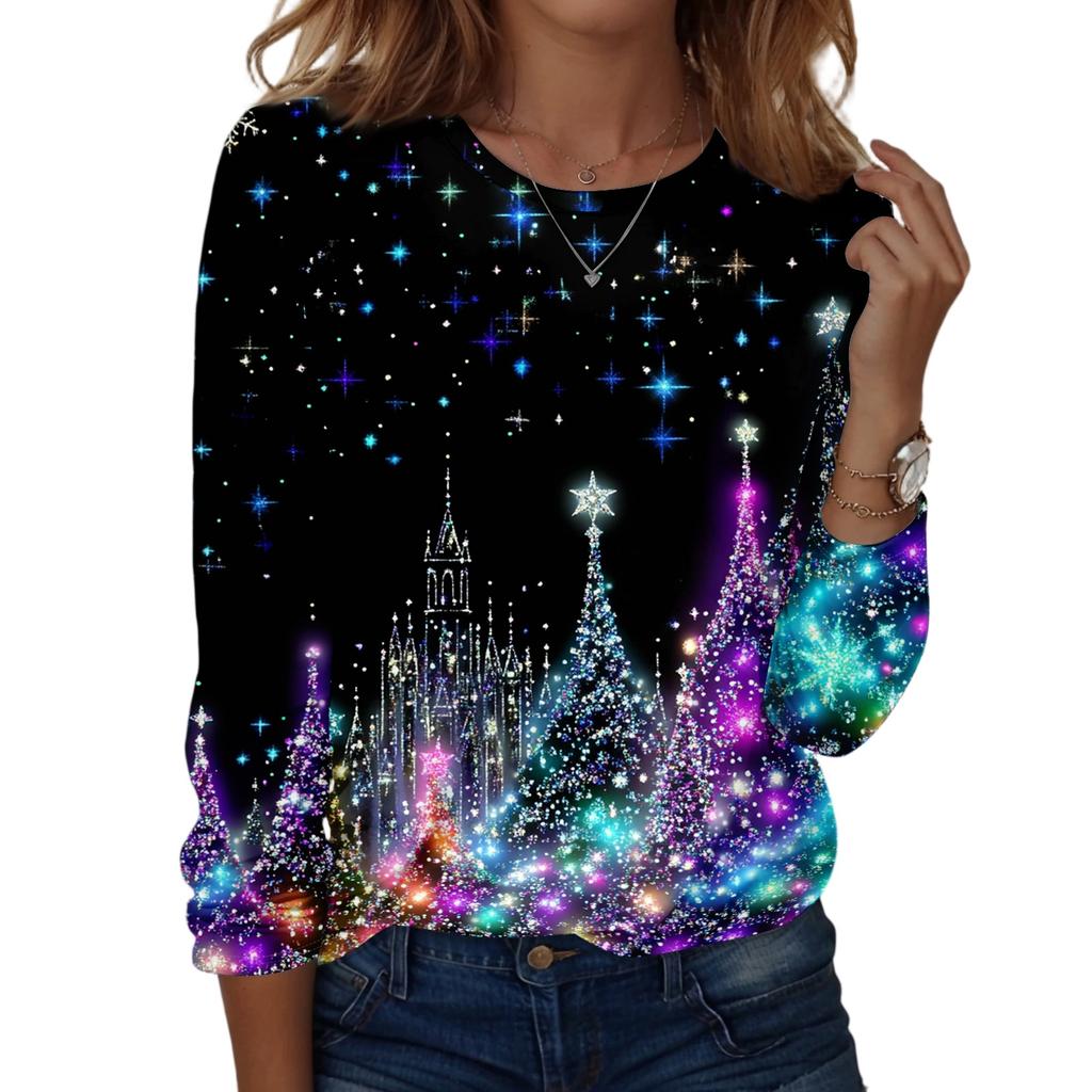 Women's Christmas Printed Long Sleeve Round Neck Top Casual Blouse