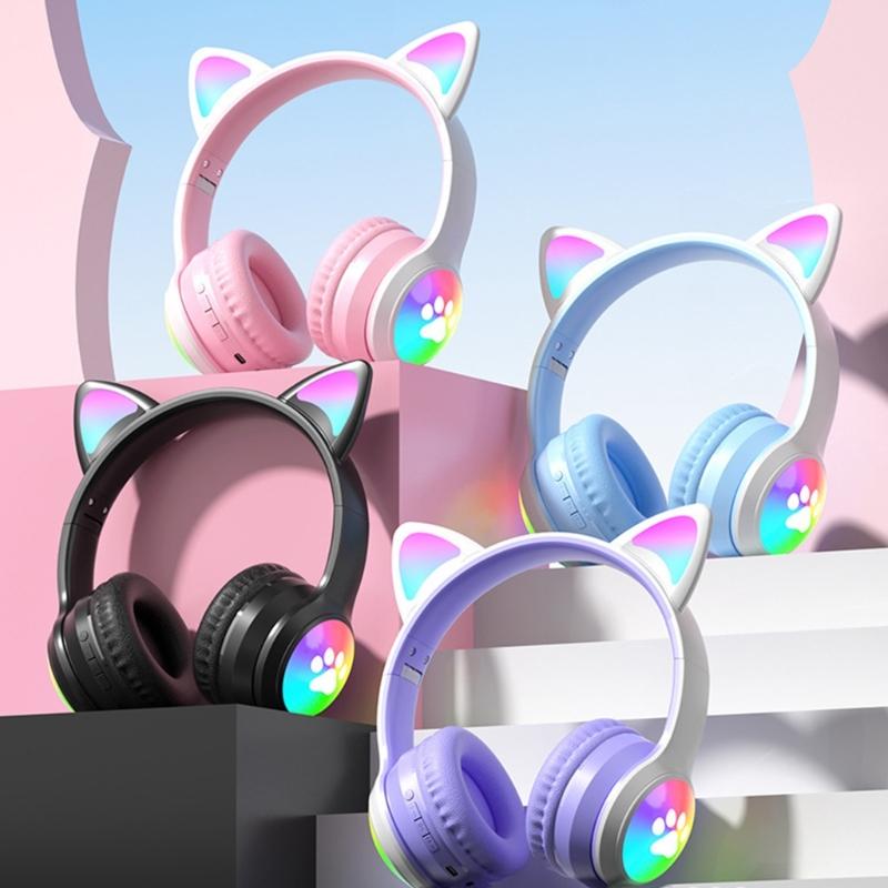 Active Noise Cancelling Wireless Bluetooth-compatible Cats  Ear Headphones Led Foldable Earphones TF Card Support