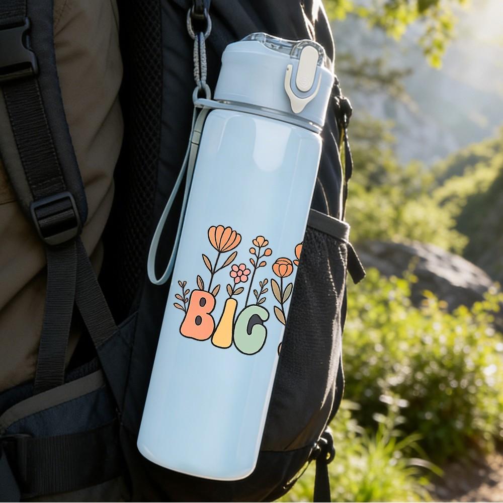 1PC Big Sis Flower Art 750ml Color Plastic Sports Water Bottle Leakproof Flip Straw Lid Suitable for Sports Office Home Use