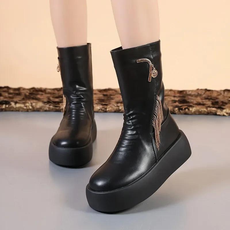 Fashion Ladies Shoes 2024 High Quality Back Zip Women's Boots Fashion Metal Decoration Modern Boots Women Winter Tassel Mid-Calf Boots