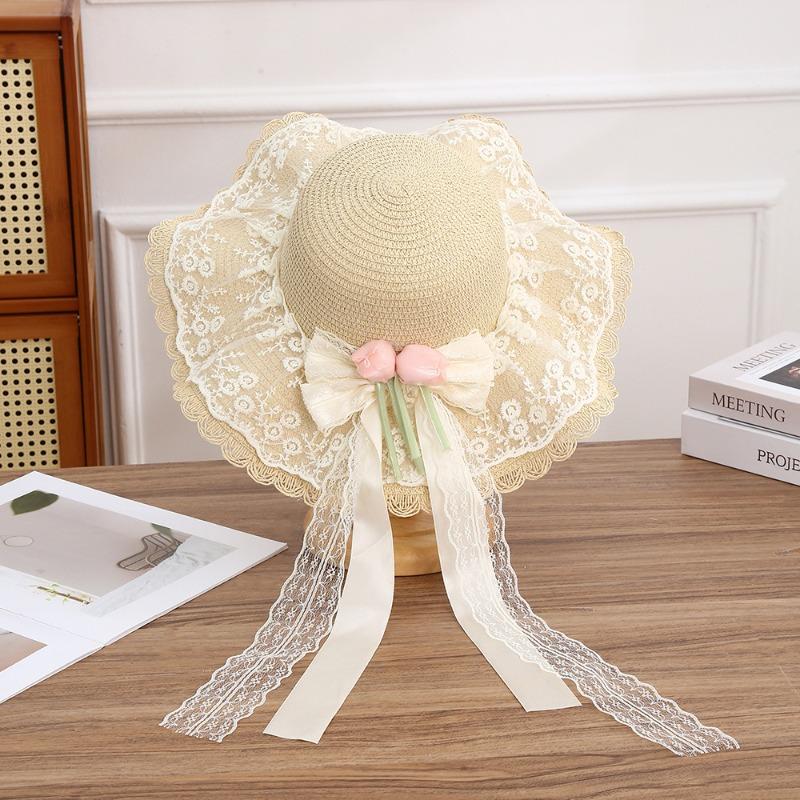 Summer Bow Sun Hat Female, Seaside Beach Vacation Sun Hat Outdoor Big Brim Sun Hat Sweet Straw Hat