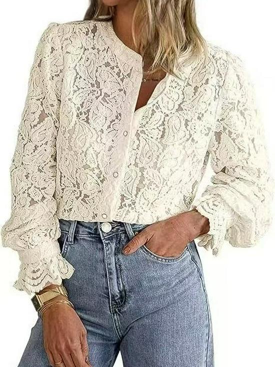 2025 European & Korean Elegant Lace Long Sleeve Button-Up Women's Shirt for Spring/Summer Fashion