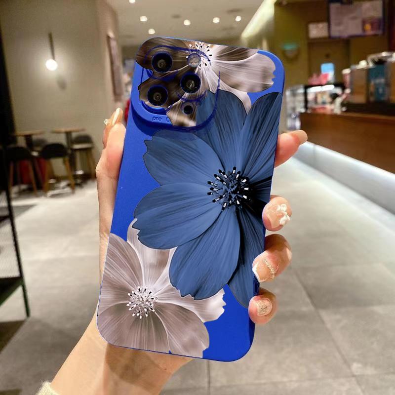 For iPhone 16 15 14 13 12 11 Pro Max Shockproof Blue Floral Pattern Phone Cover For iPhone XS XR 7 8 Plus 16 Soft Silicone Case