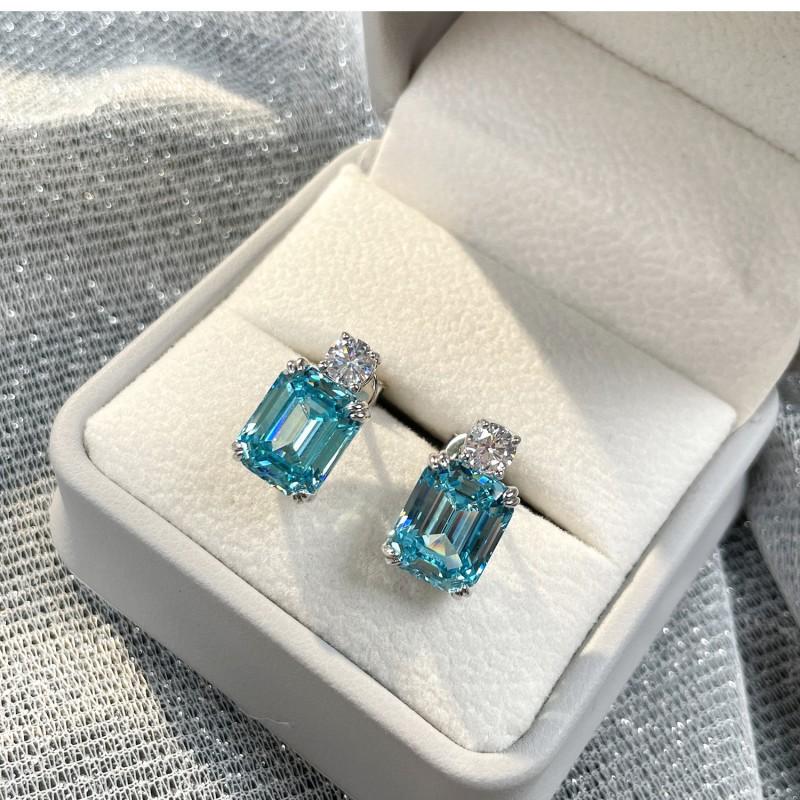 Sterling Aquamarine Stud Earrings Women 1.5ct Natural Gemstone Geometric Design Fashionable Office Jewelry