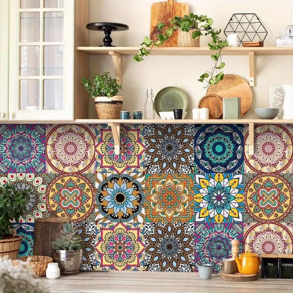 10pcs Self-adhesive Tile Sticker Mandala Dark Color Style Flower Brick Peel and Stick Splash Guard Wall Sticker Waterproof Tiles Stickers for Bathroom