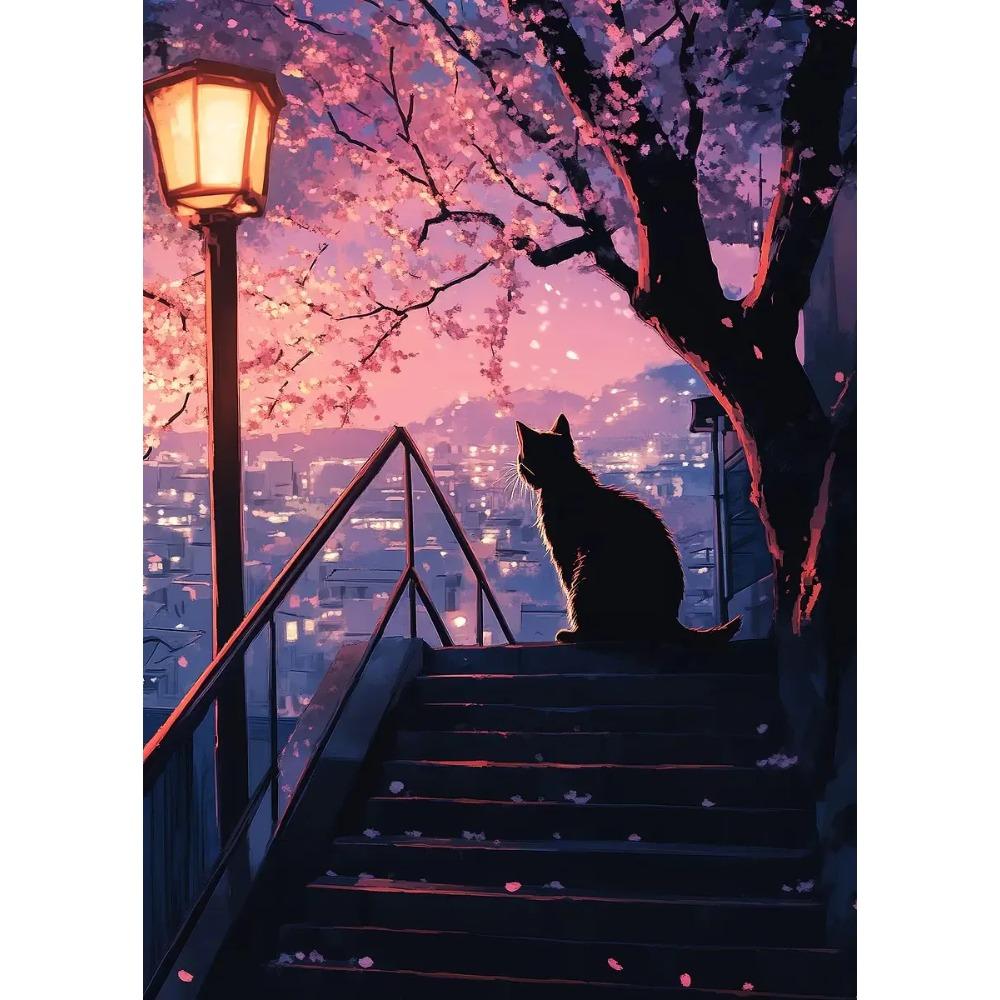 Black Cat Reading in Cozy Bed Orange Cat Cherry Blossom Lotus Landscape Canvas Painting Print Wall Art Picture Room Home Decor