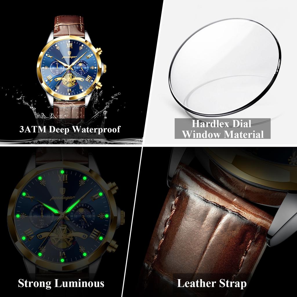 Luxury Men Wristwatch Quartz Waterproof Luminous Moon Phase Chronograph Leather Man Watch Male Reloj