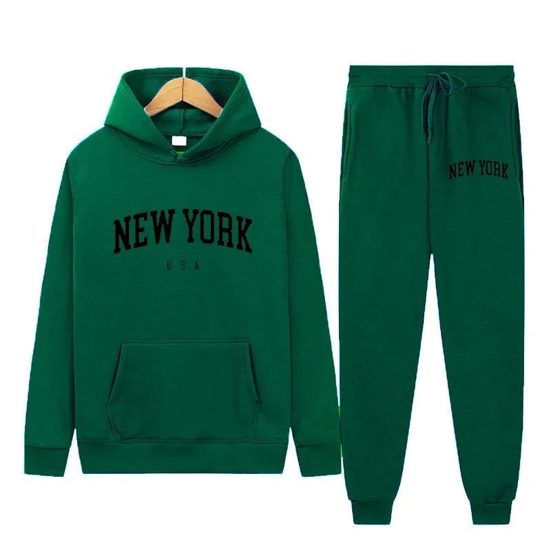 New York Letter USA City Hoodies + Hosen 2-teiliges Set Damenmode Sweatshirts Damen Casual Kapuzenpullover Sportwear-Anzug