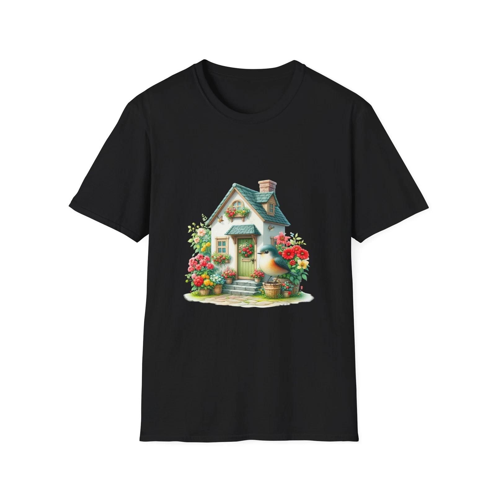 Charming House Floral T-Shirt, Cozy Home Tee, Cute Gift for Garden Lovers, S