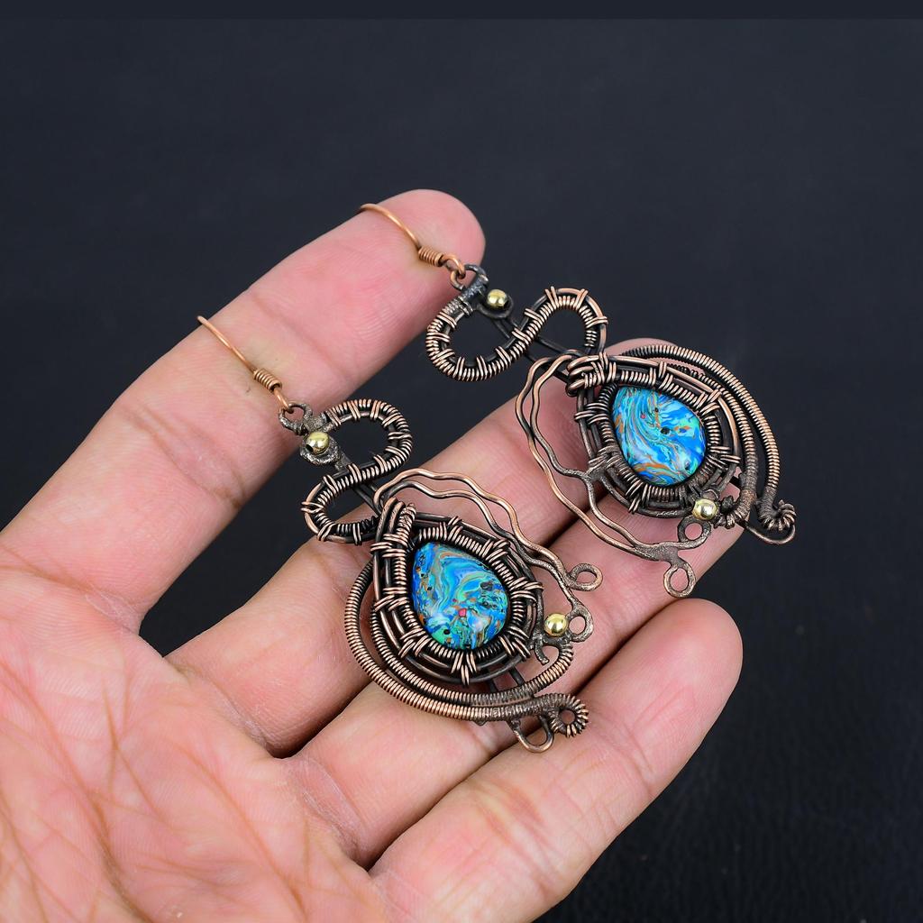 Rainbow Calsilica Earrings, 999 Copper Wire Wrapped Earrings, Handmade Gemstone Jewelry Earrings For Memorial Day