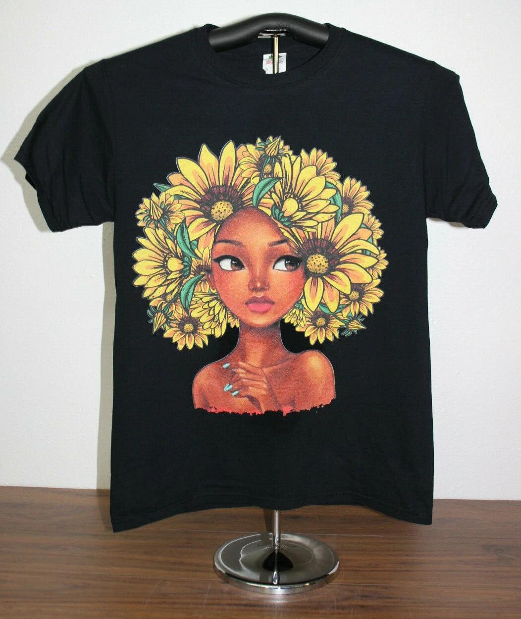 

Brown Eyed Young Lady With Sunflowers For Her Hair- Flower girl TShirt Small Blk 3XL