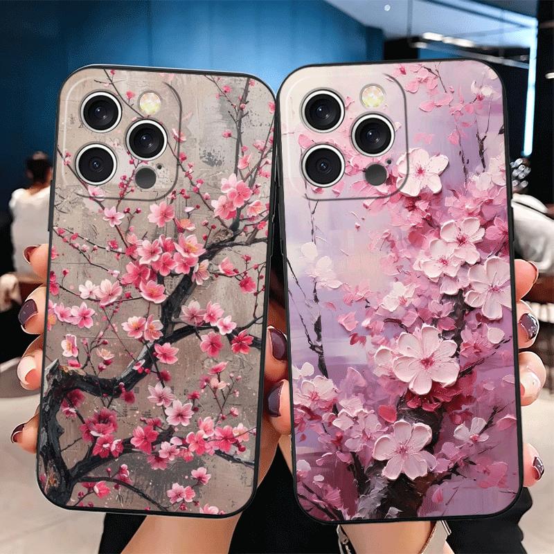 Cherry Blossom Sakura Fashion Soft Phone Case for iPhone 16 16E 17 Air 15 Pro Max 14 Plus 13 Mini 11 12 7 Black Cover Back Shell