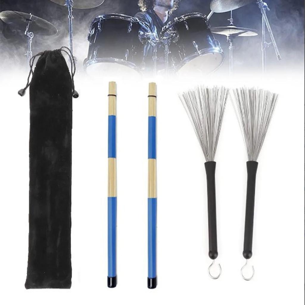 Drum Brush Kit Metal Stainless Steel Bamboo Brushes Set Tool Accessories with Velvet Bag