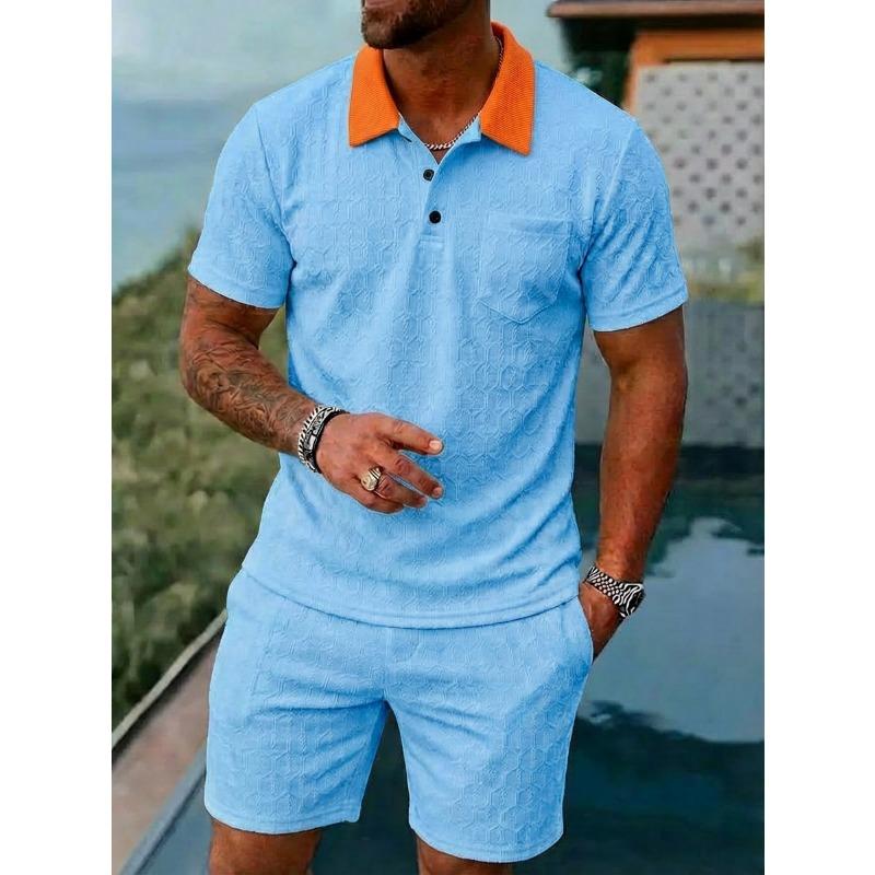Men Textured Contrast Collar Polo Shirt And Shorts Set S