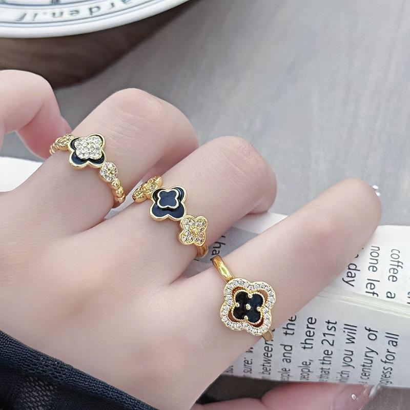 Niche High-End Zircon Enamel Dripping Oil Dark Four-Leaf Clover Open Ring, Female Delicate Personality Stacked Index Finger Ring