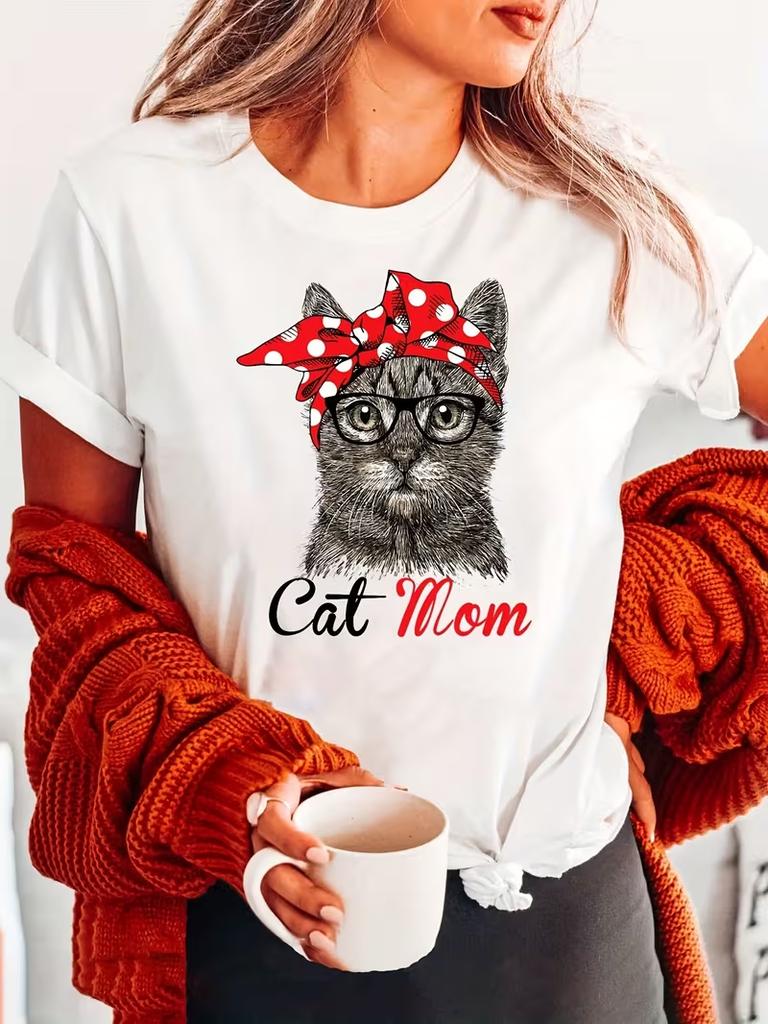 WomenS Funny for Cat Mom TShirt Cute for Cat Polka Dot Headband Graphic for Cat Mom Casual Loose Tshirt Ladies T Shirts
