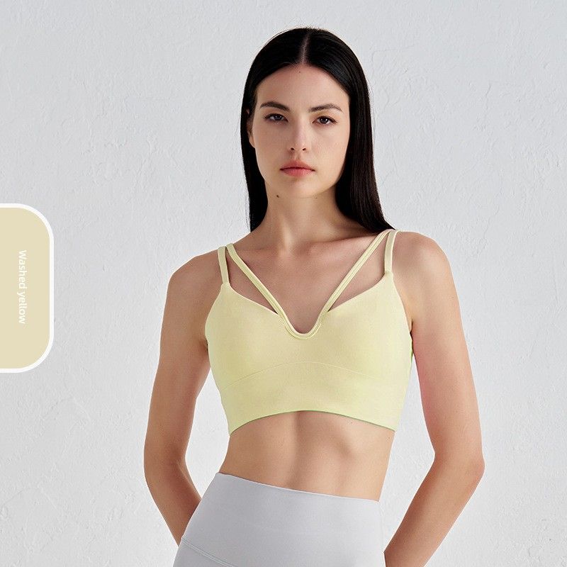 

Foreign Trade Nude Feel Double-Strap Yoga Vest Strap Chest Pad Spaghetti Strap Sports Underwear Women Fitness Bra Beauty Back Top Washed Yellow M/6