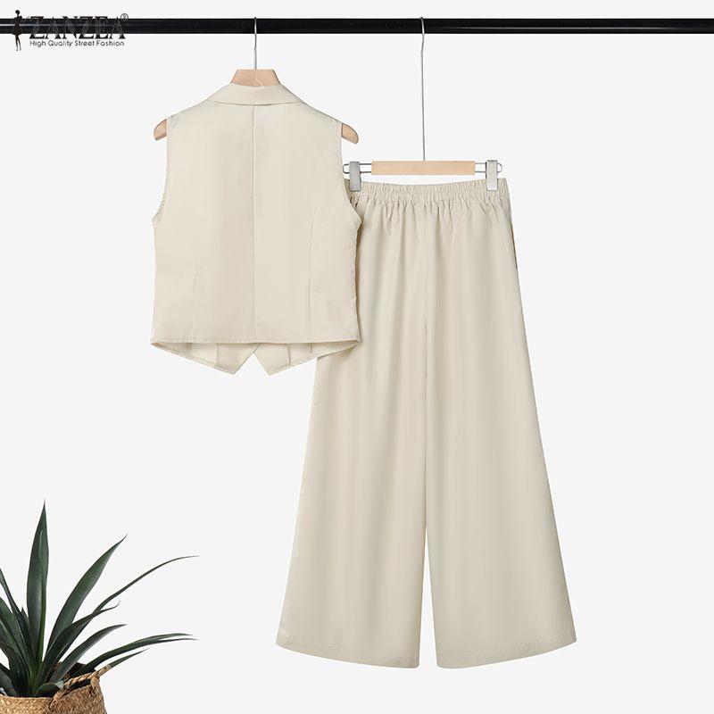 ZANZEA Women Sleeveless Vest Tops and Wide Leg Pants Casual Two Piece Suit Sets