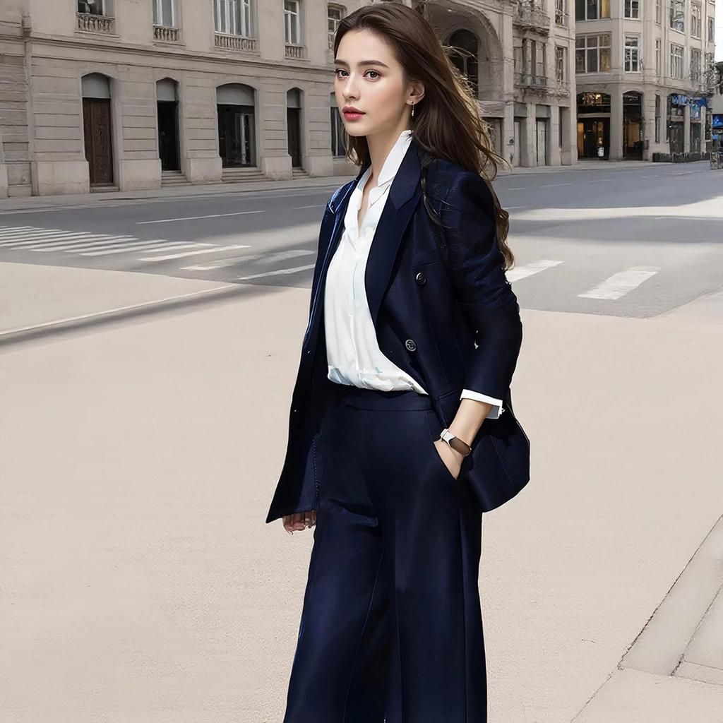 Navy Blue Women's High-End Suit: Spring/Autumn Edition with Wide-Leg Pants for Professional Use