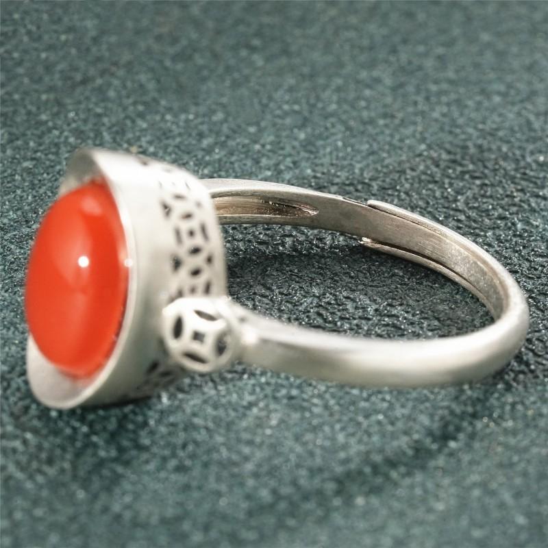 Adjustable Copper Ring With Red Agate Inlay Vintage Chinese Style Boho Jewelry Women Men