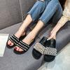 Fashion Big Size 33-44 Women Pearl Beaded Shoes Summer Tweed Slippers Flats Sandals Ladies Rivet Slippers Open Toe Slides Home Pantuflas