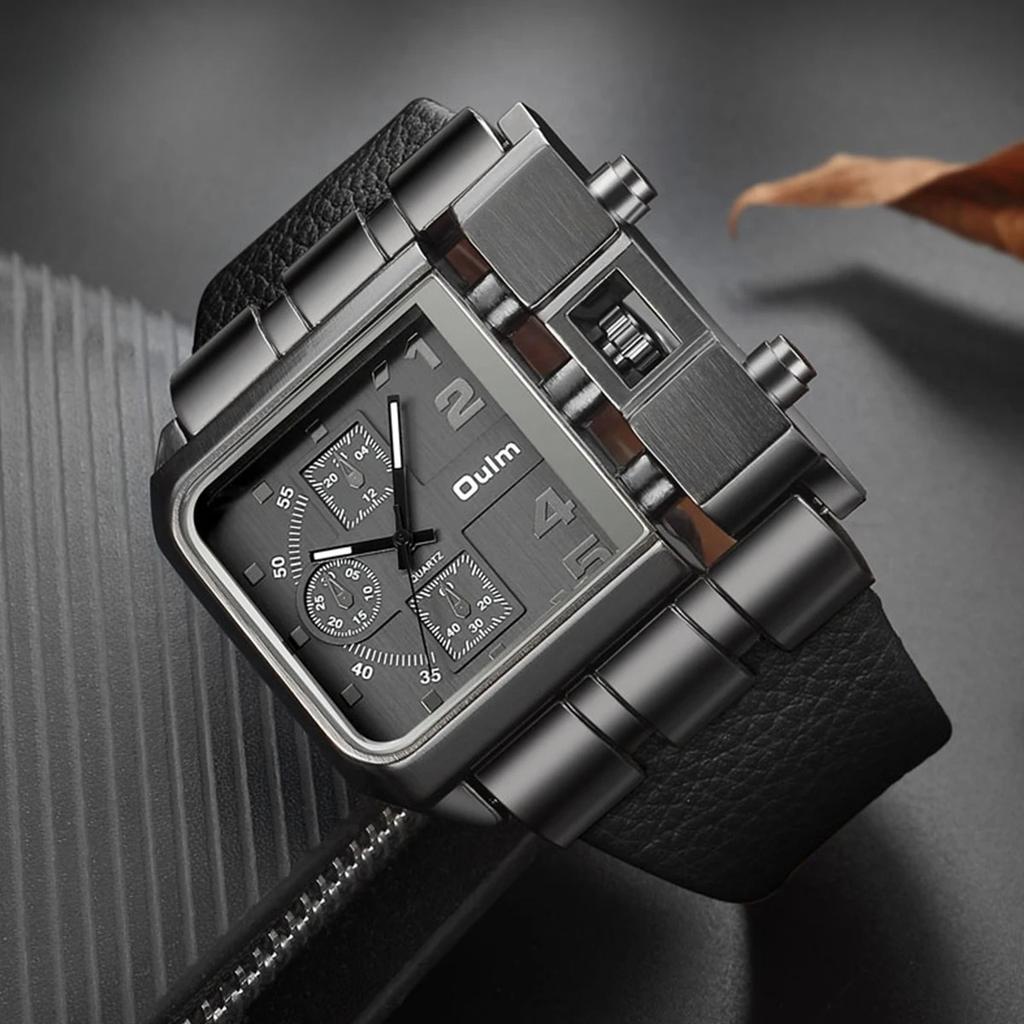 Hip-Hop Men's Square Dial Watch Street Style Leather Strap Quartz Wristwatch