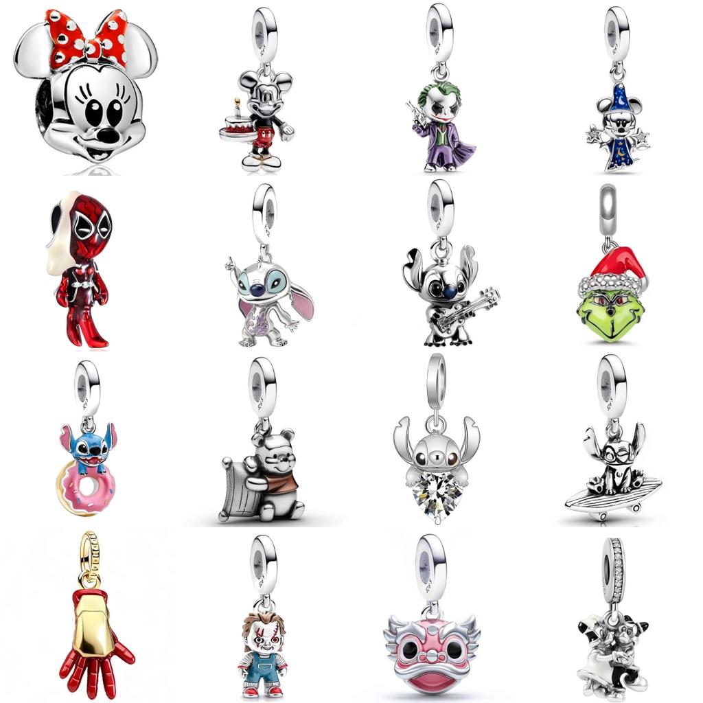 Fashionable 925 Silver Mickey Minnie Stitch Dangle Charms Bracelet Enamel Cartoon DIY Jewelry Gift