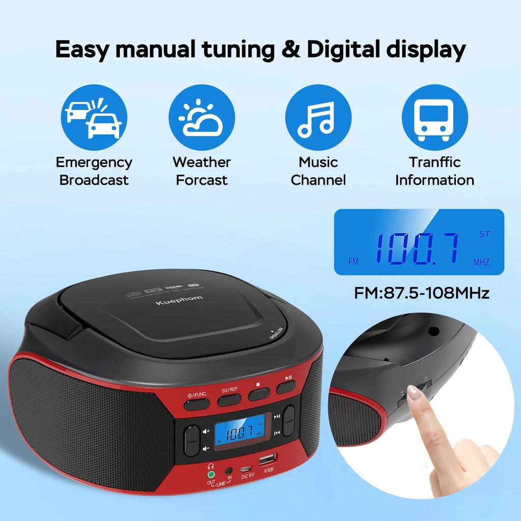 CD Radio Boombox with Bluetooth and USB Portable CD Player with EQ,AC and DC Power, Backlit Digital Display