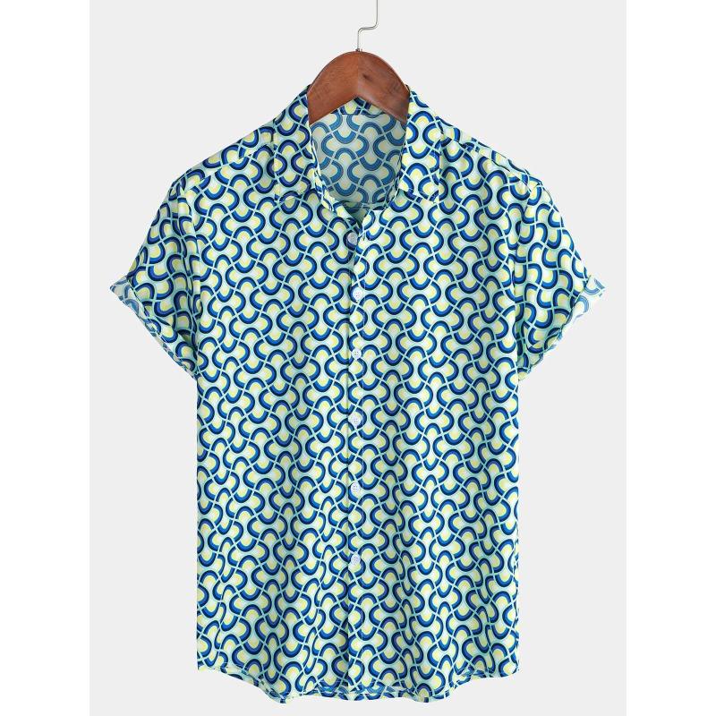 Mens Striped Casual Holiday Short Sleeve Orange Summer Button Down Shirt Hawaiian Shirt Summer Spring Lapel Button Down