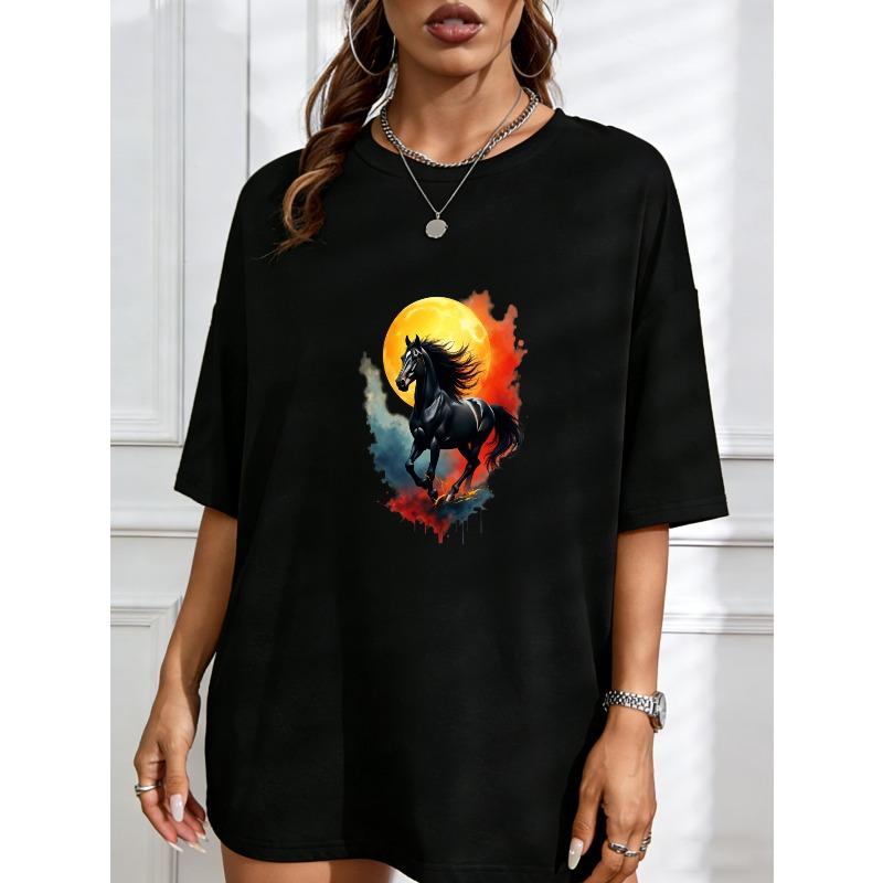 Women Casual Short Sleeve T Shirt White Black Horse And Moon Print For Everyday Wear