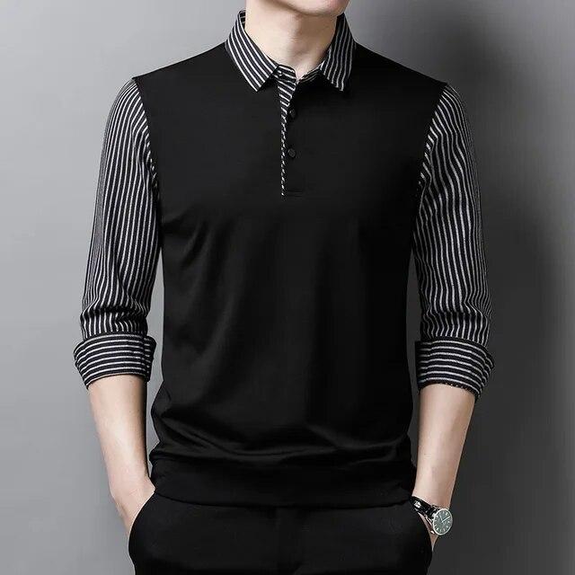 Polo da uomo casual da lavoro, finte due pezzi, con giunture, primavera, autunno, abbigliamento casual maschile, tendenza, camicie a righe a maniche lunghe